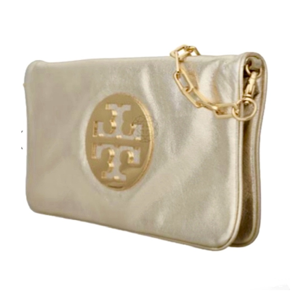 SOLD!!Tory Burch Metallic Gold Leather Reva Chain Shoulder Bag / Clutch w/ COA - Picture 7 of 16